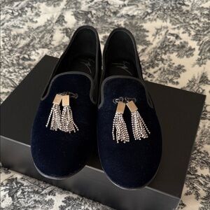 Giuseppe Zanotti Navy Velvet Loafers with Silver Tassels